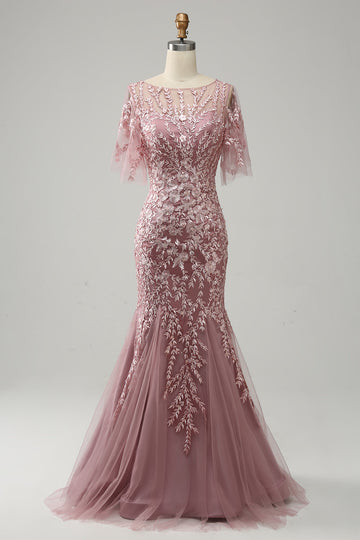 Gris Rosa Sirena Tul Vestido de Madrina con Encaje